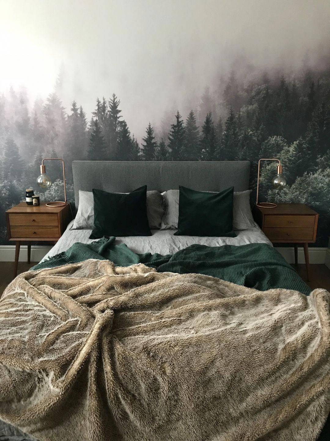 Forest wall mural for moody bedroom vibe (from Bambetle)