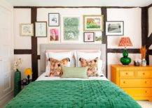 Bedding-and-nightstand-add-splashes-of-green-and-yellow-to-the-eclectic-bedroom-with-small-gallery-wall-17513-217x155