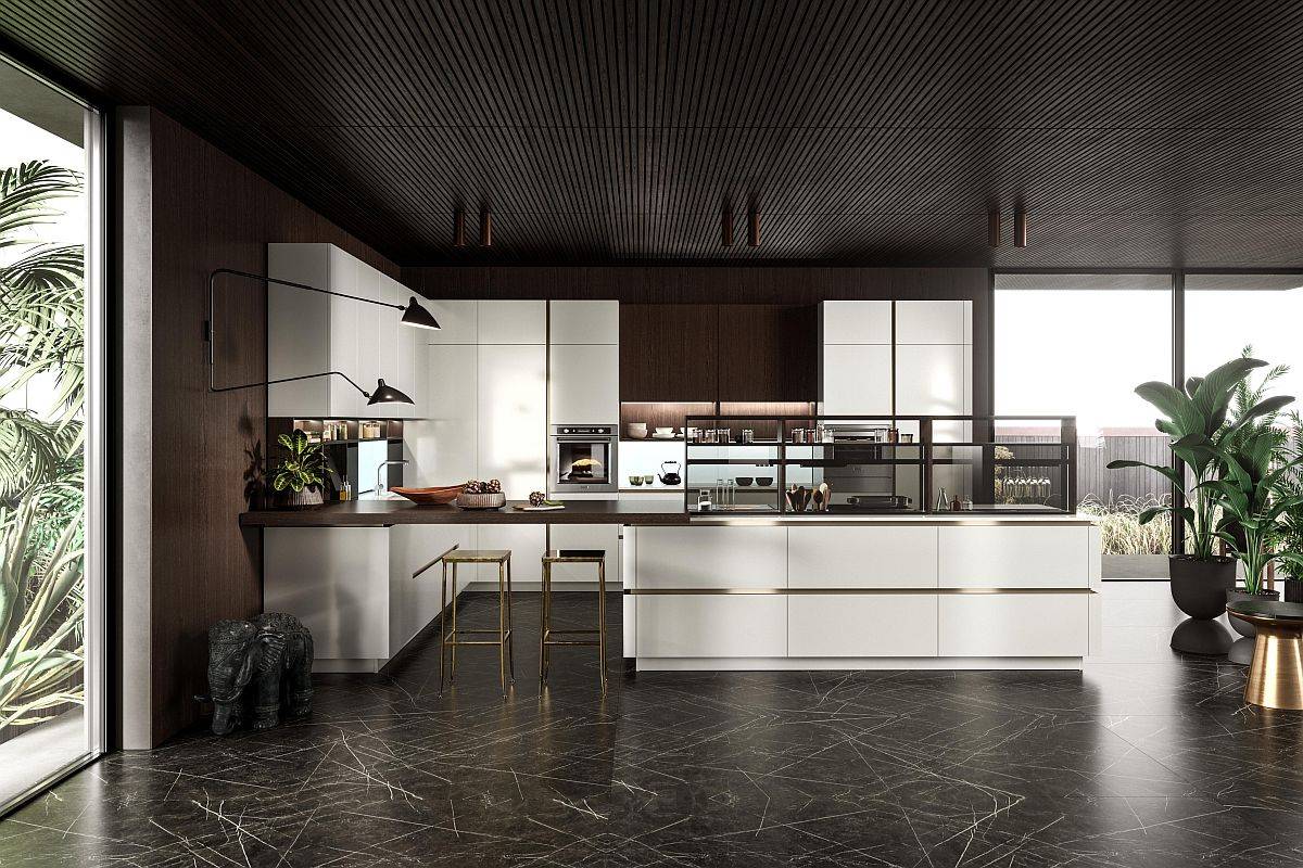 Both the ceiling and the floor in this kitchen add textural contrast to the setting