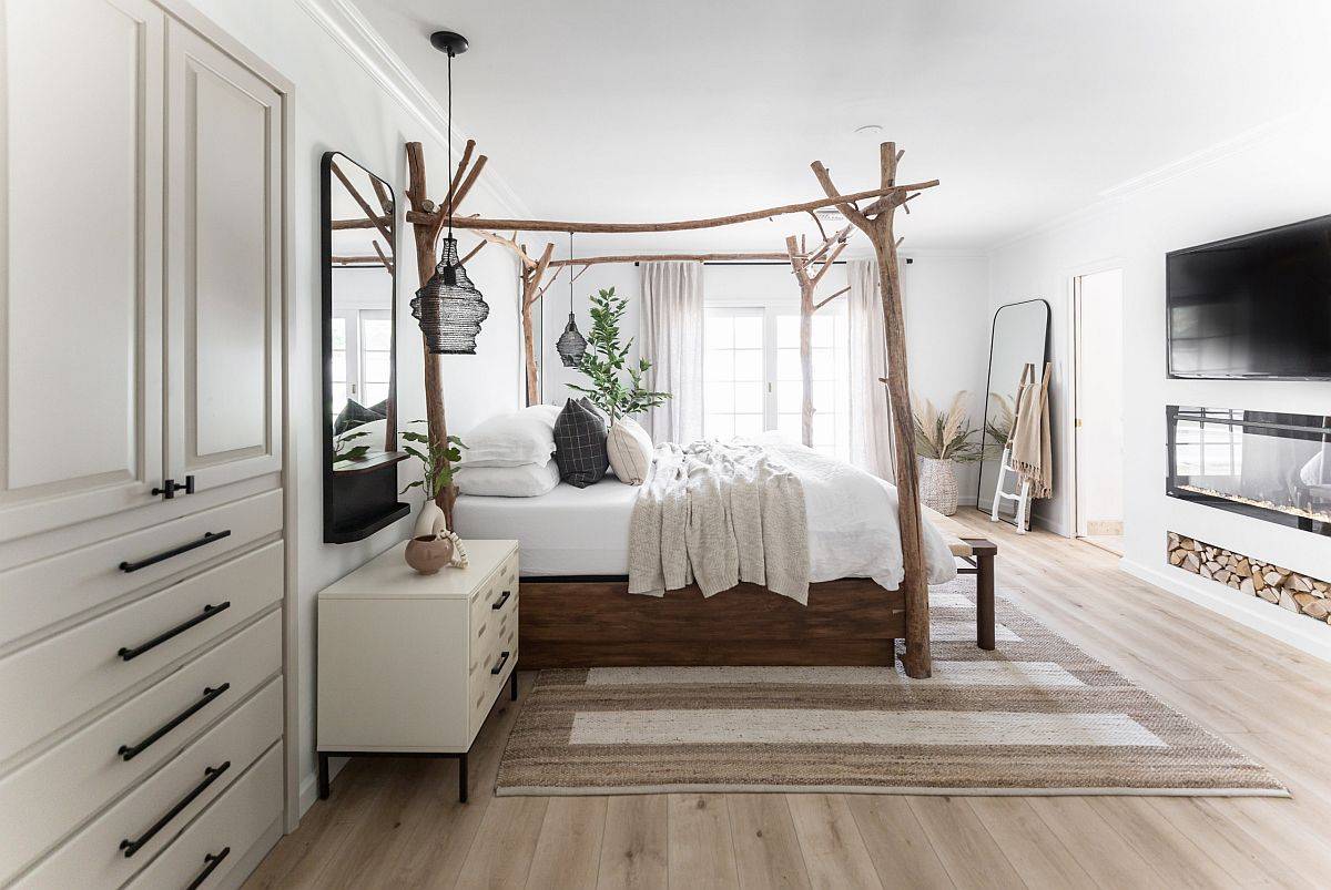 Charming and light-filled bedroom in white and wood for the modern eclectic home