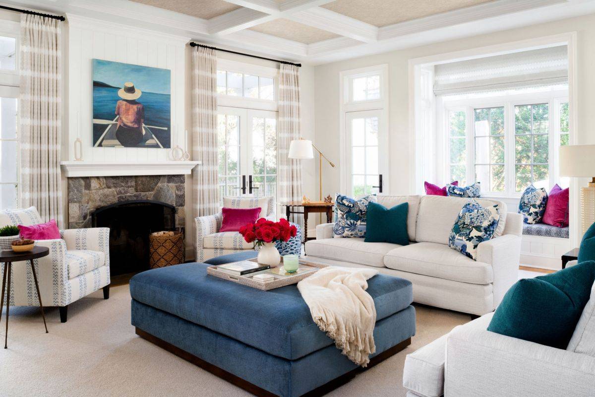 Coffered ceiling adds to the beach style of this relaxing living space