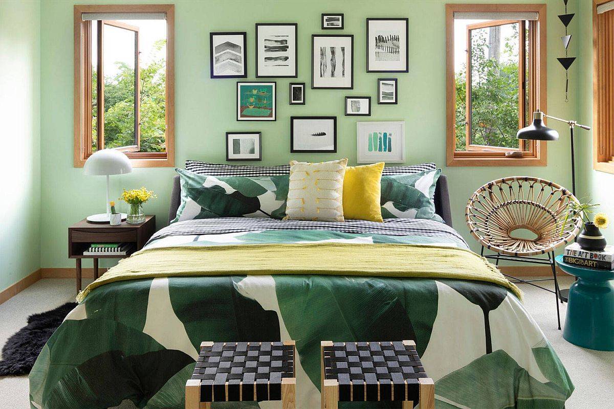 Combine different shades of green in teh ebdroom for a more curated and chic look