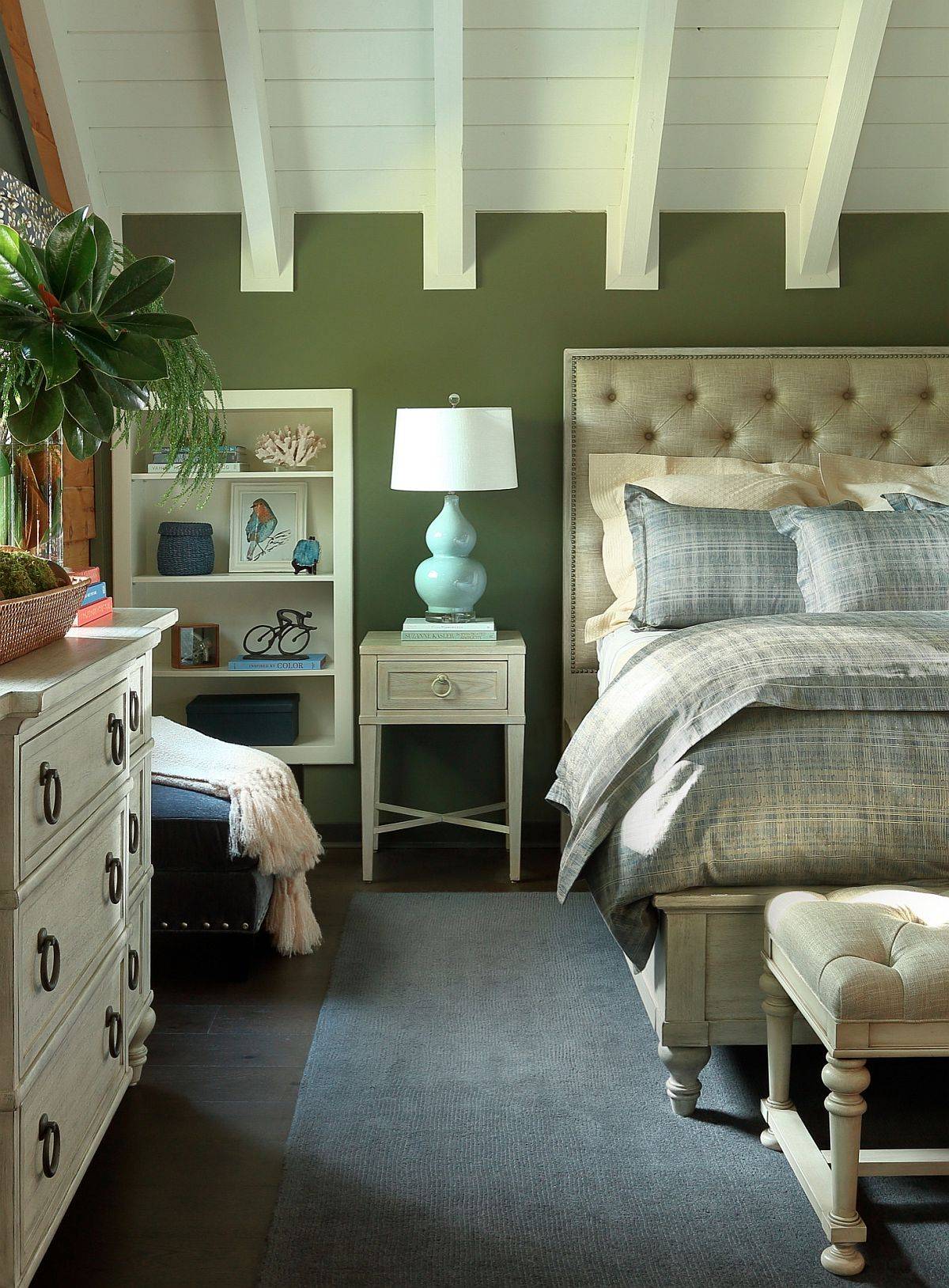Deep green backdrop is right for the more classic and eclectic bedrooms with ample natural light