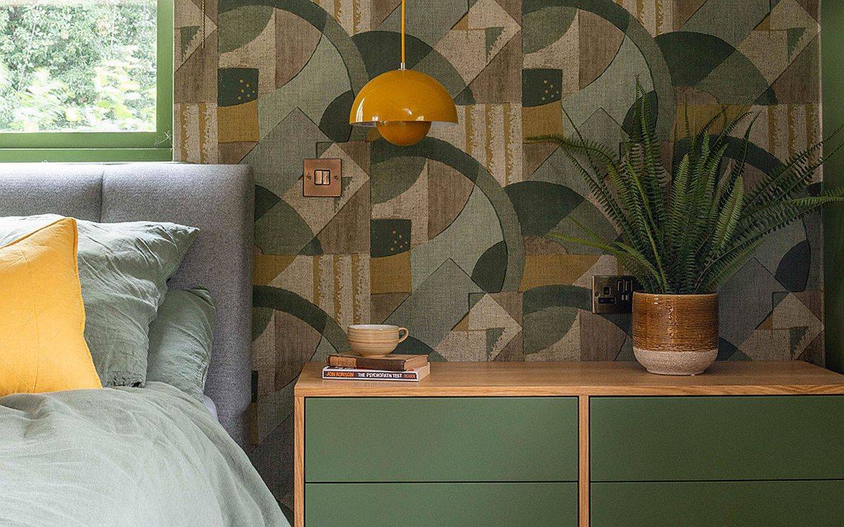 A delightful blend of green and yellow in the bedroom with a mid-century modern feel - 95950
