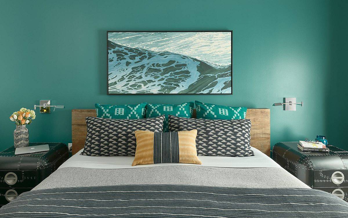 Gorgeous Modern Eclectic Bedroom in San Francisco Home with Bold Teal Background and Custom Bedside Tables - 77919