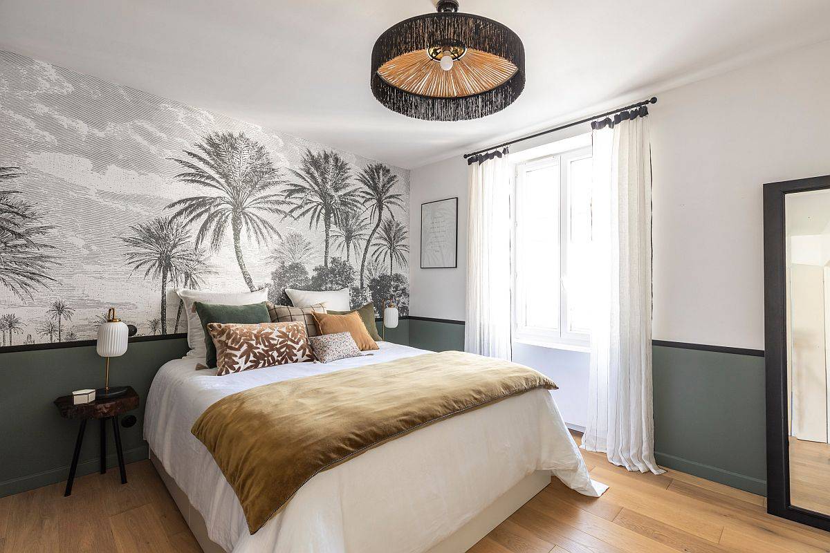 Contemporary Eclectic Bedrooms With Restrained Layering North Eastern   Modern Eclectic Bedroom With Dashing   That Ushers In Tropical Style And Uses A Gorgeous Grayish Green Half Wall 72716 