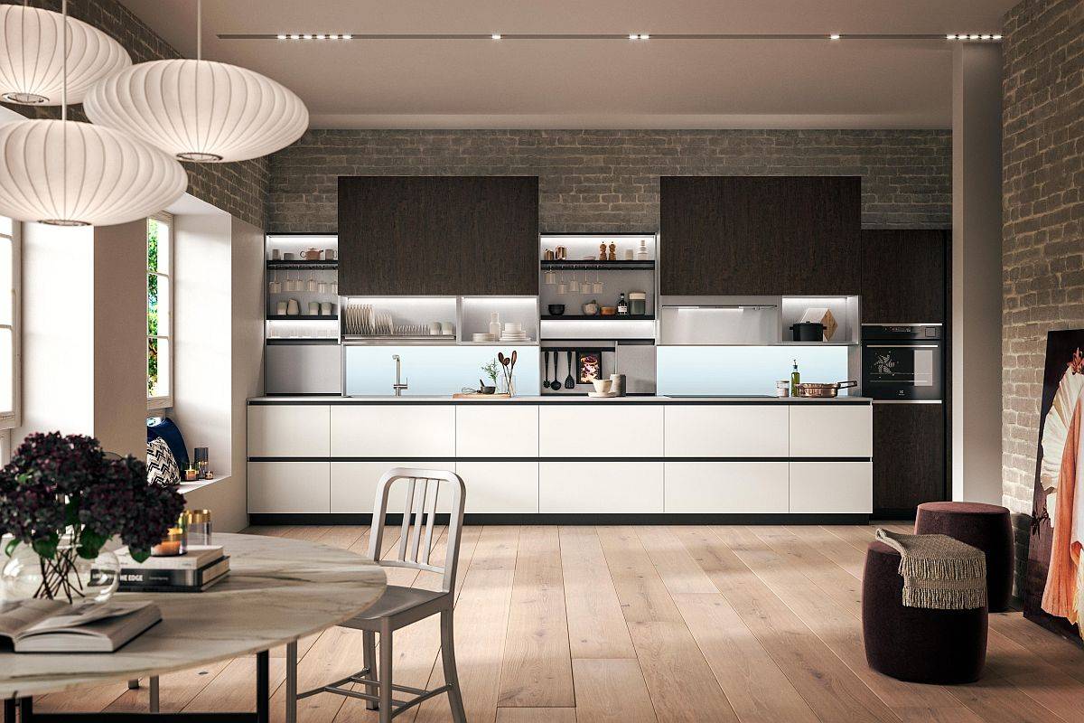 Single-wall-kitchen-idea-with-an-exposed-brick-wall-and-contemporary-design-76350
