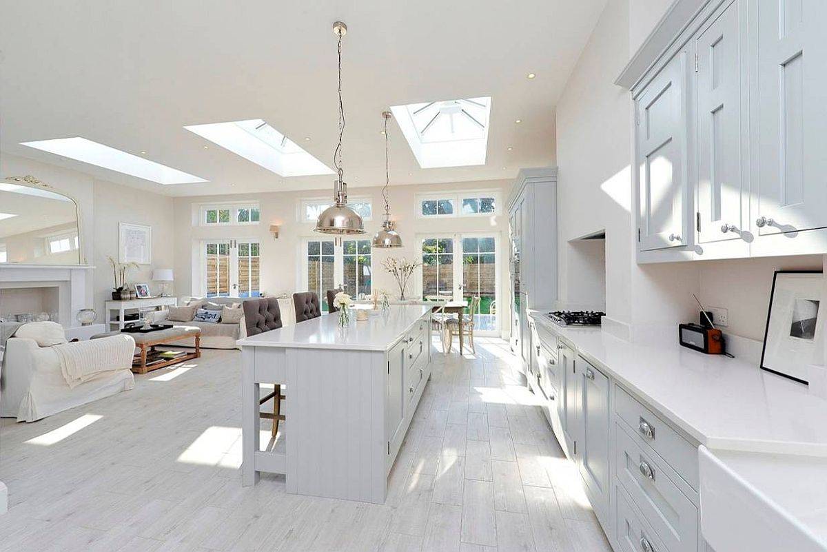 Skylights illuminate the open-plan living in a even and elegant fashion
