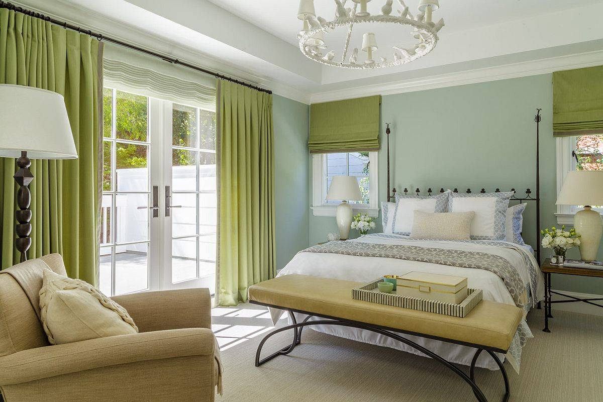 Walls in muted green along with drapes in bright green bring freshness to this modern bedroom