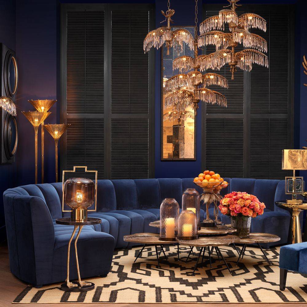 Utmost luxury ambiance with a blue sofa (from Sweetpea and Willow)