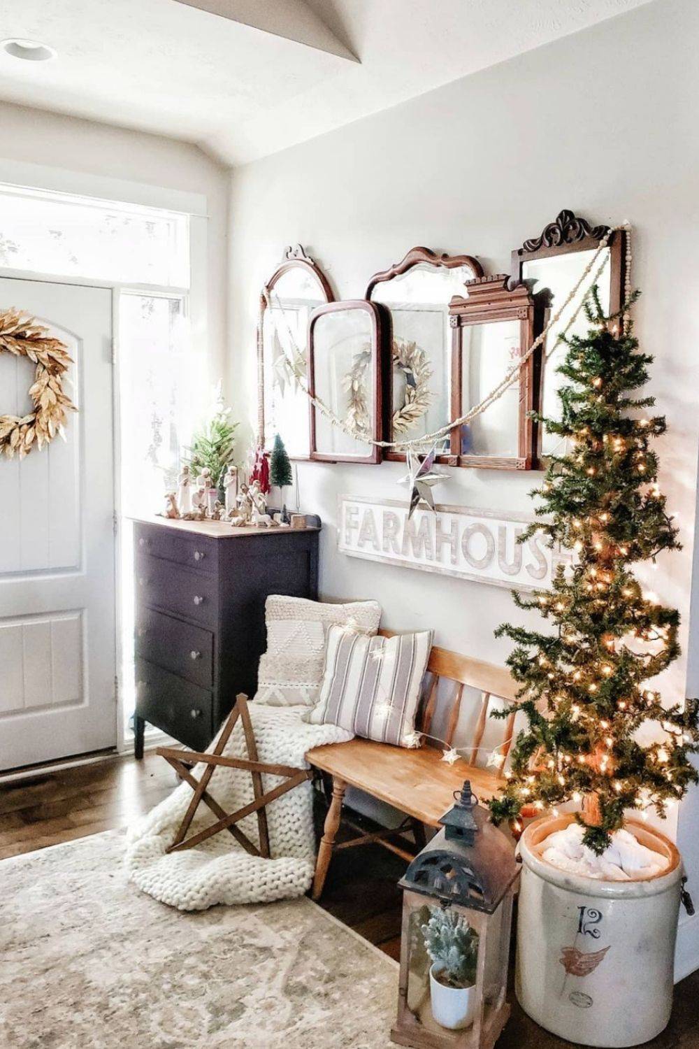 Farmhouse style entry with a sparkling Christmas tree and plenty of festive joy