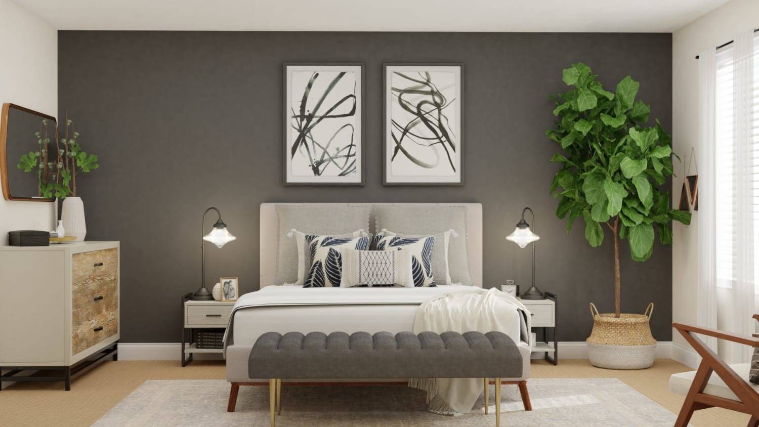 Gray accent wall in a bedroom with white bedding.