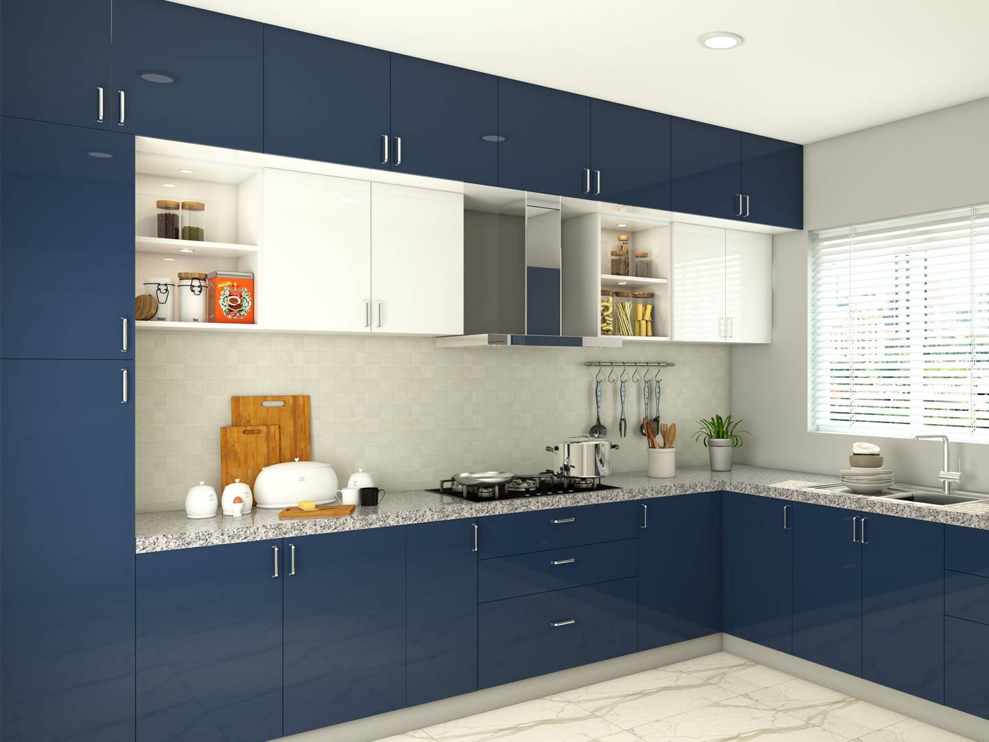Deep blue cabinets with white cupboards (from Home Lane)