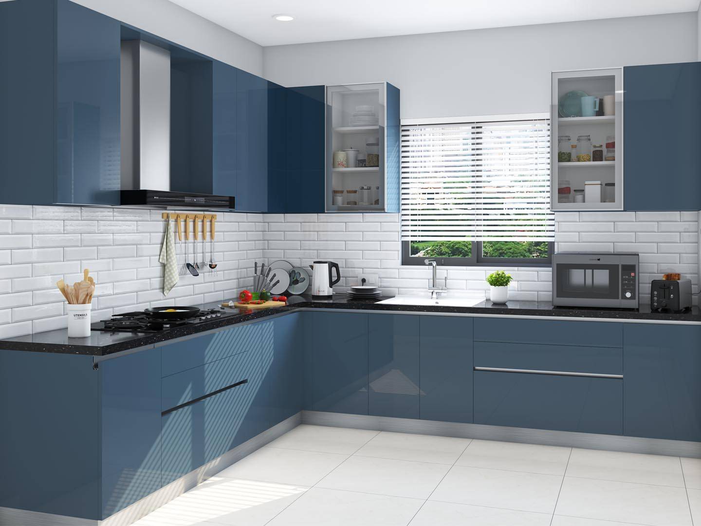 Deep blue modular kitchen with subway tile (from Home Lane)