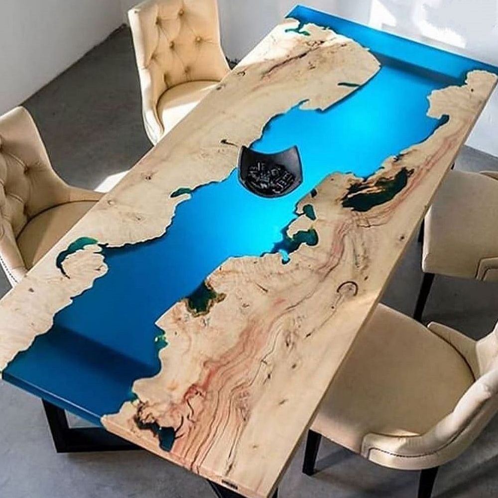 Blue Rectangular Resin Table with natural wood inspired by the oceans