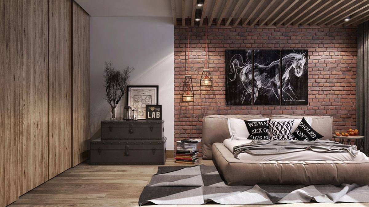 Brick walls and concrete finishes are staples of loft-style bedrooms