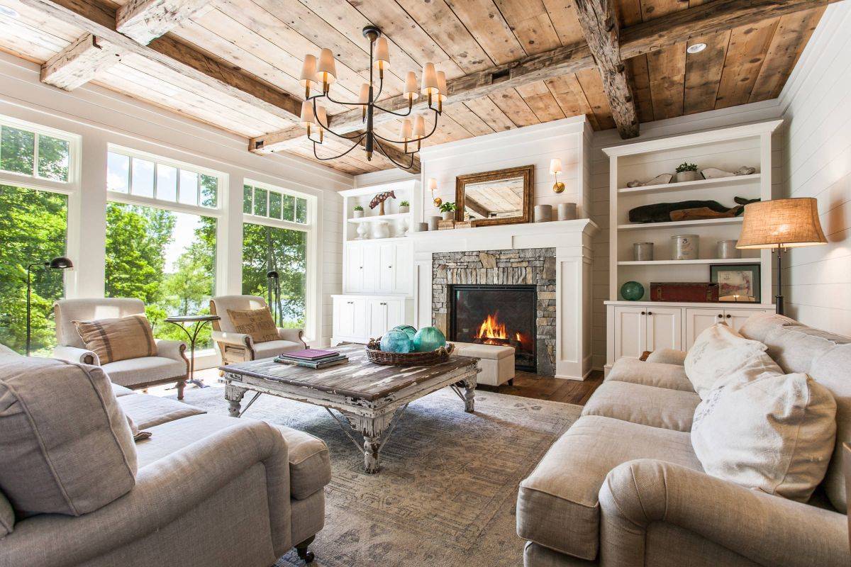 Combine vintage touches with modern wood and white color scheme in the living room