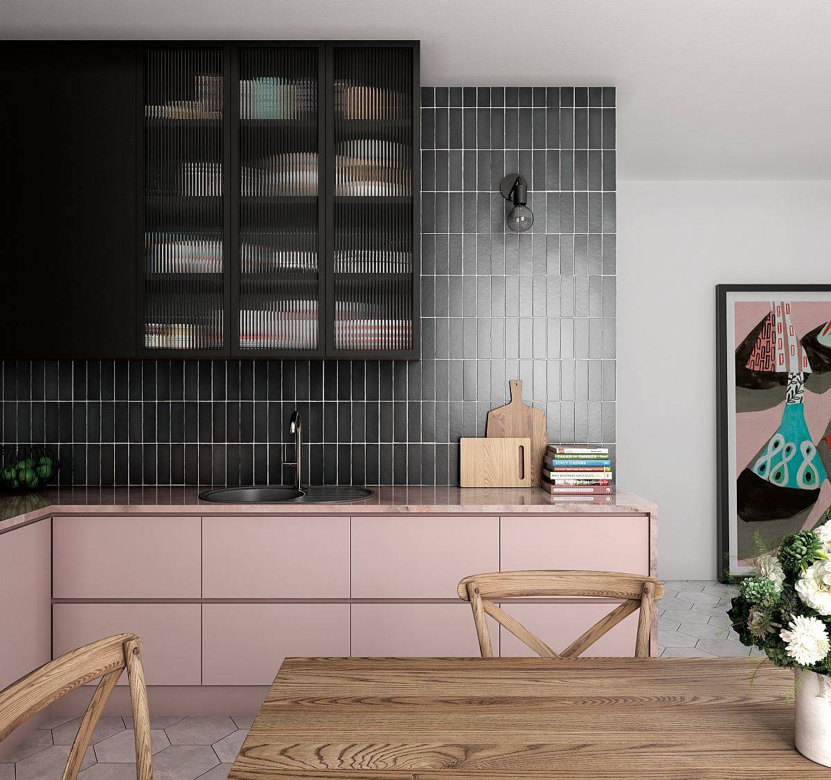 Eye-catching-kitchen-in-pink-and-black-with-smart-vertical-tiles-from-TU-Casa-Ceramica-56145