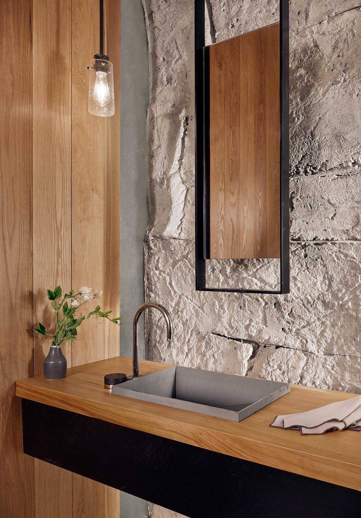 Floating vanity and limestone walls of the wine cave