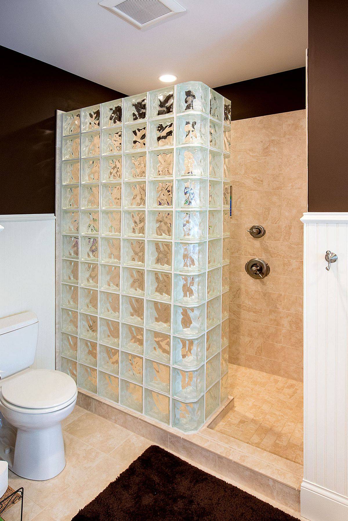 Glass shower wall built using glass blocks offers privacy while letting light in