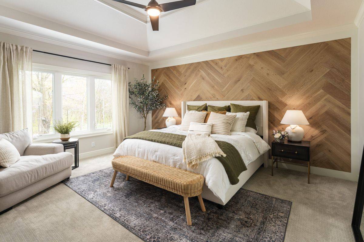 Luxurious wood and white bedroom with modern beach style and chevron headboard wall-53268