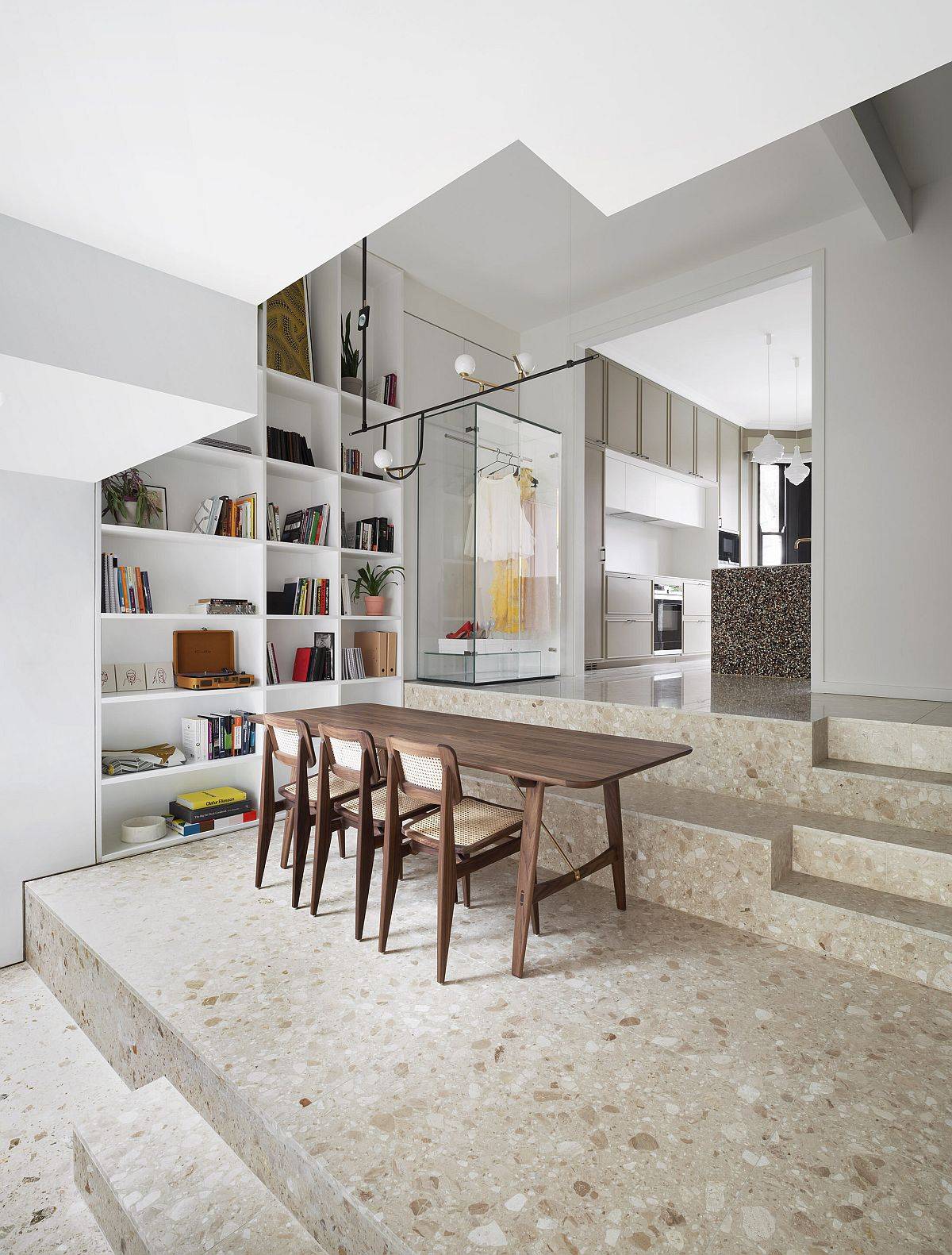 Multi-level interior of the home with terrazzo floor