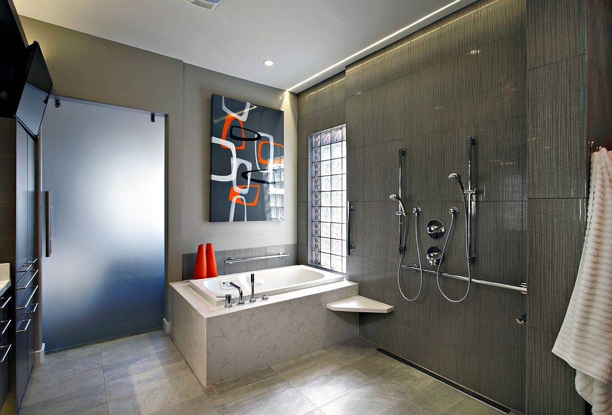 Polished modern bathroom with sliding frosted glass door and glass block window