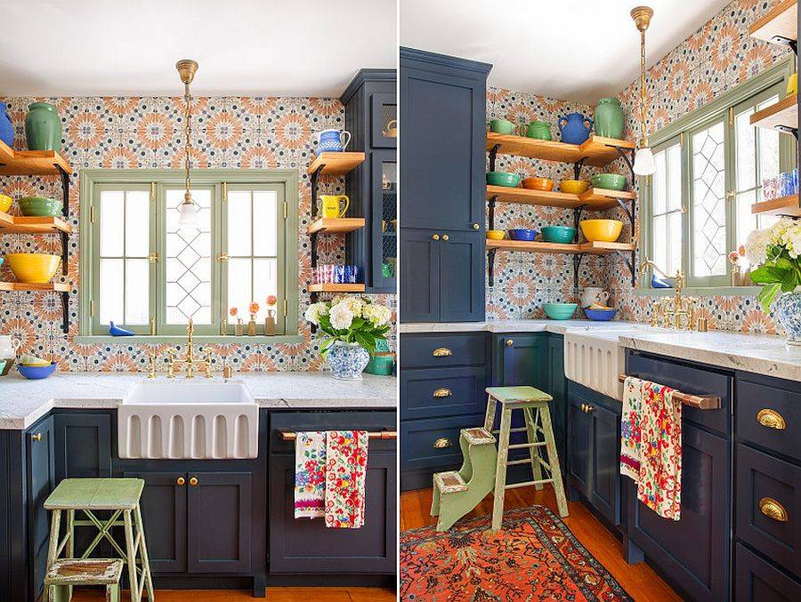 Striking apron-front fireclay farmhouse sink for the colorful, modern-eclectic kitchen