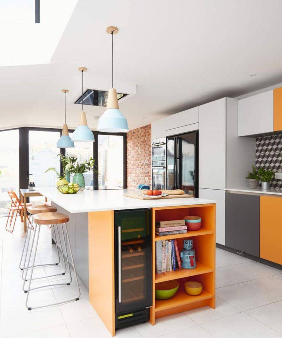 Stylish Two-tone look for the kitchen cabinets in gray and orange