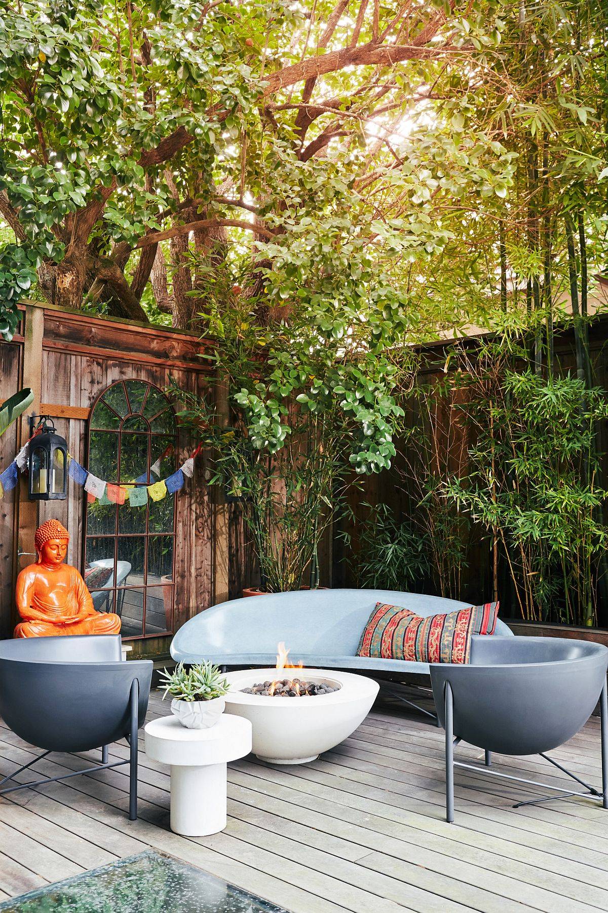 Transform the small wooden deck into a relaxing meditative nook