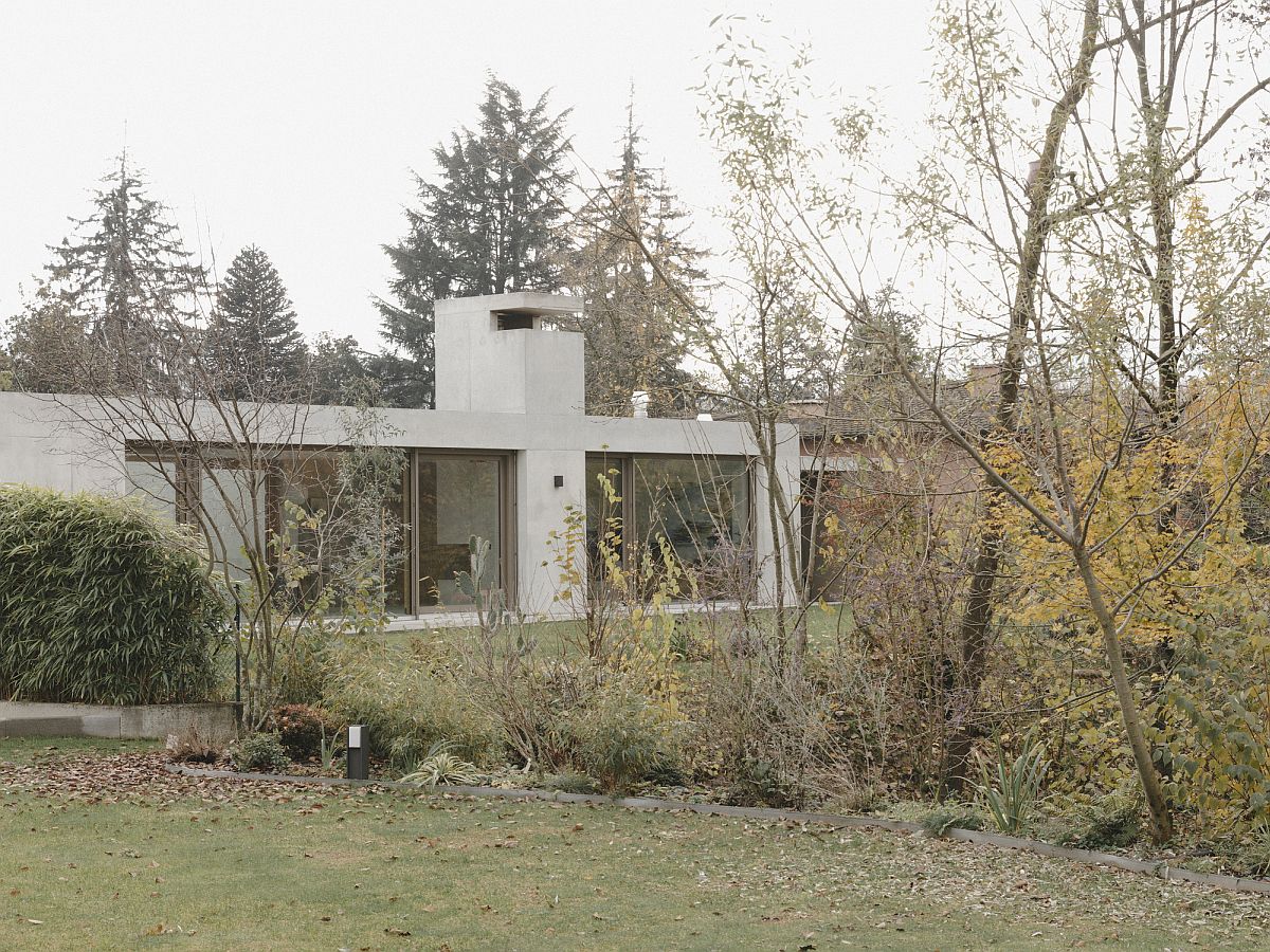 View of the wooded landscape around the minimal concrete home