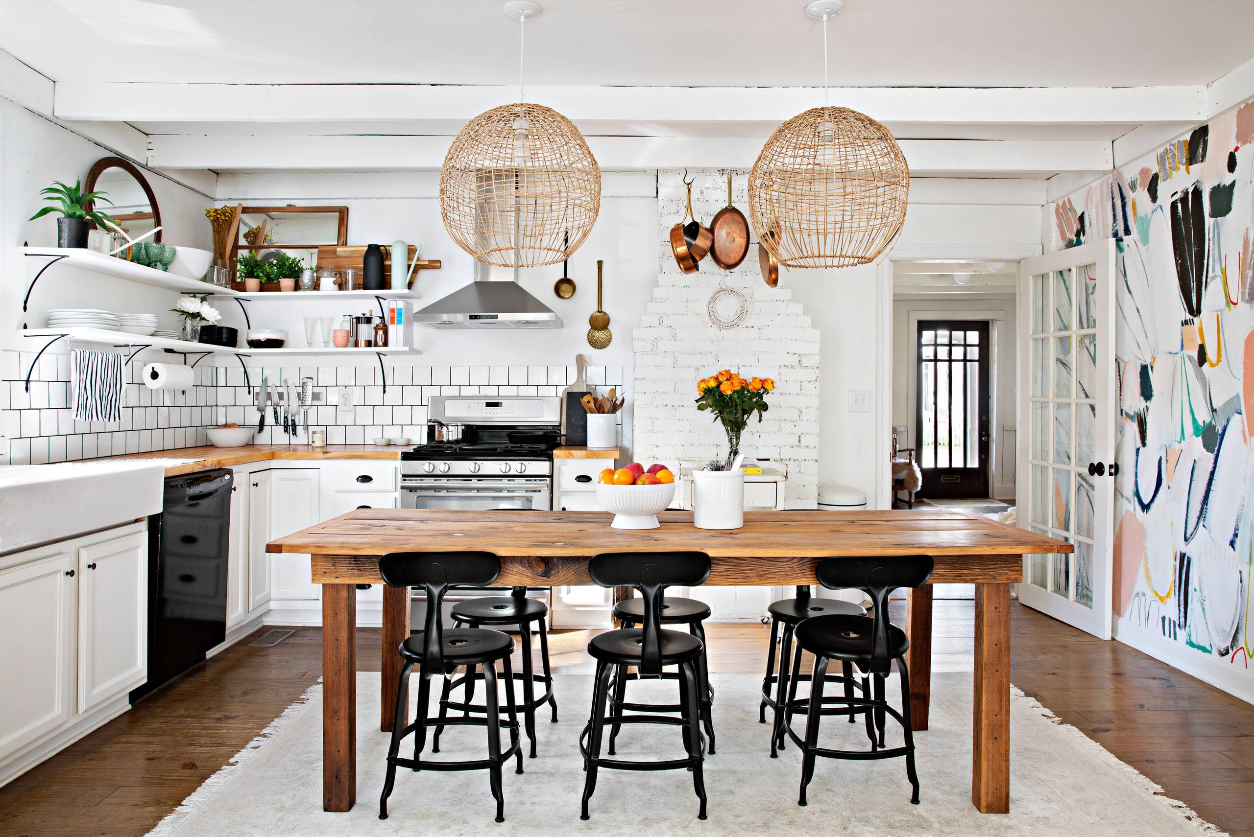 Eclectic kitchen with woven pendants (from Houzz)