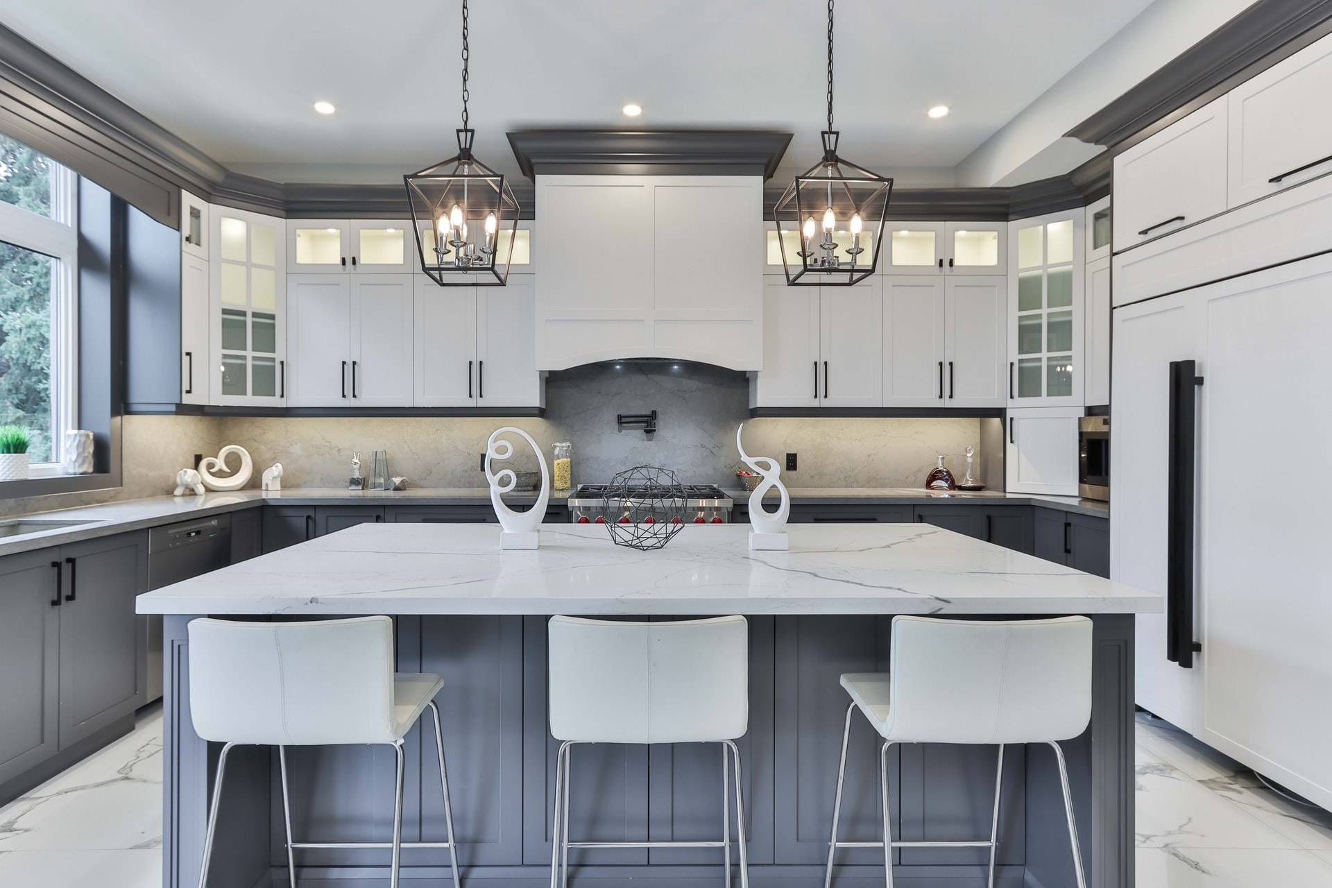 pendant lighting for grey and white kitchen