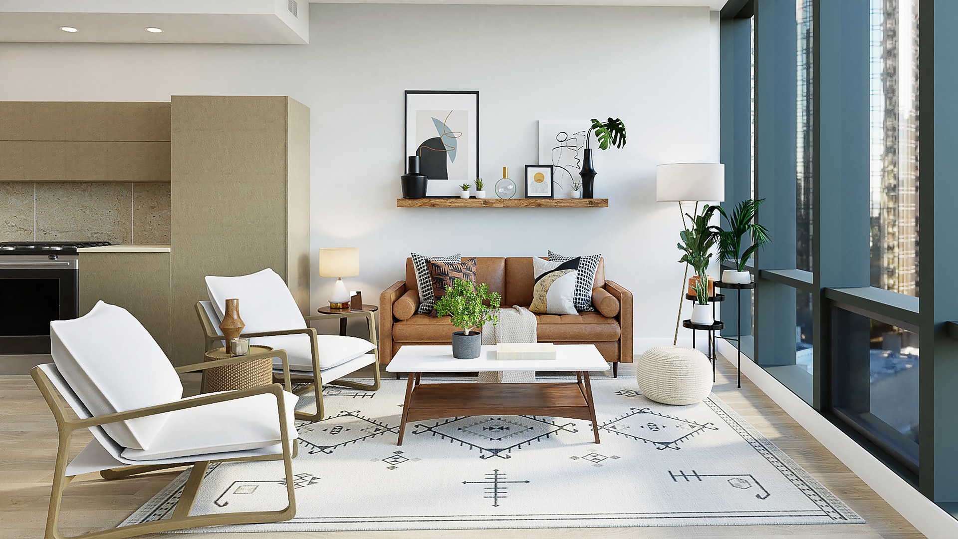 midcentury modern style living room with dark brown couch and white accent chairs against beige kitchen