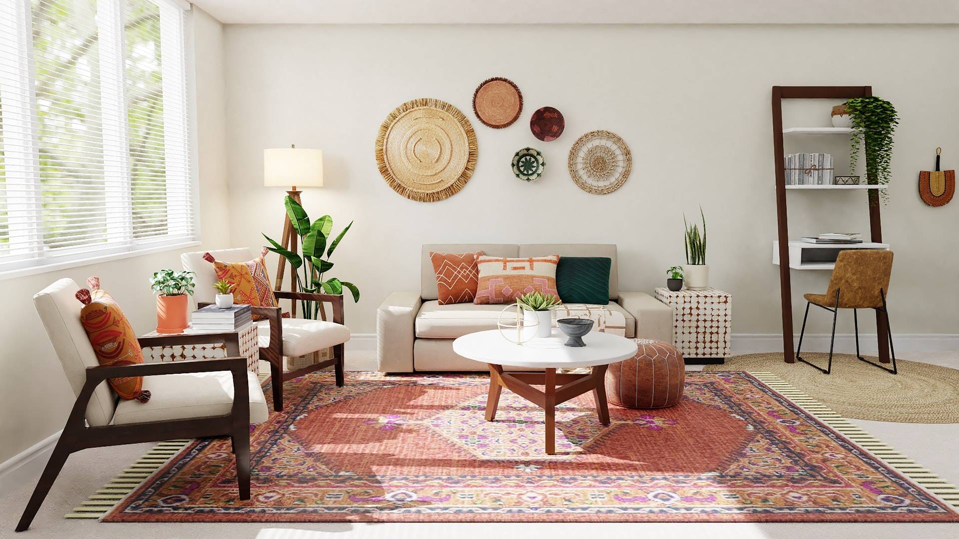 living room with pink and red accents, with lots of plants