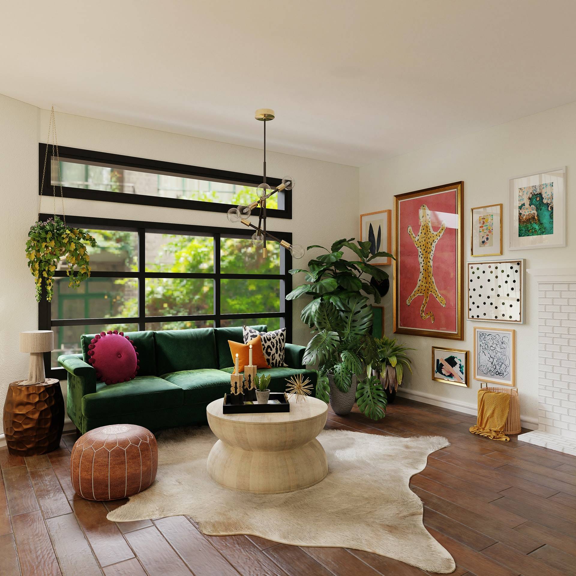 eclectic living room with bright furniture and large artwork