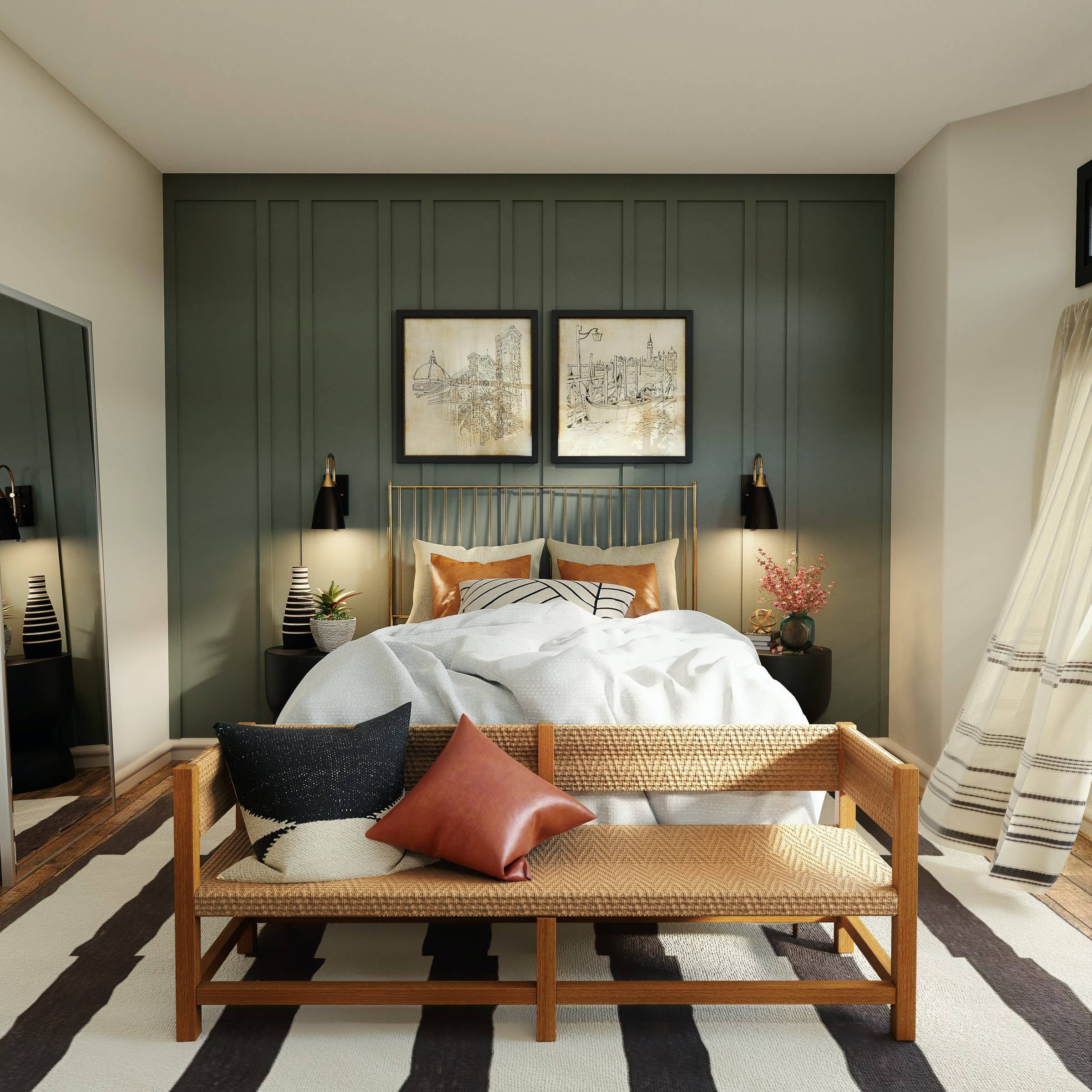 Dinding aksen berpalang hijau tua di kamar tidur