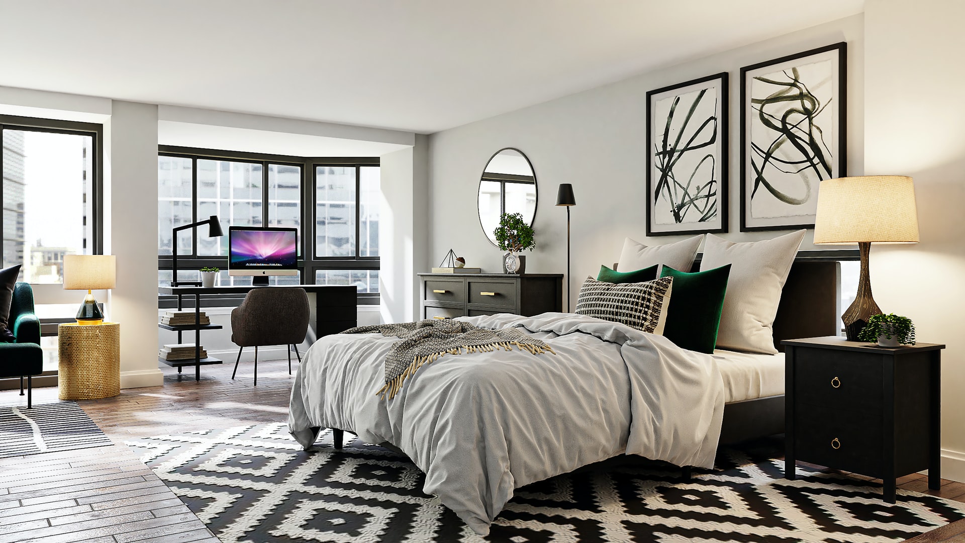 modern bedroom with black patterned rug and workspace