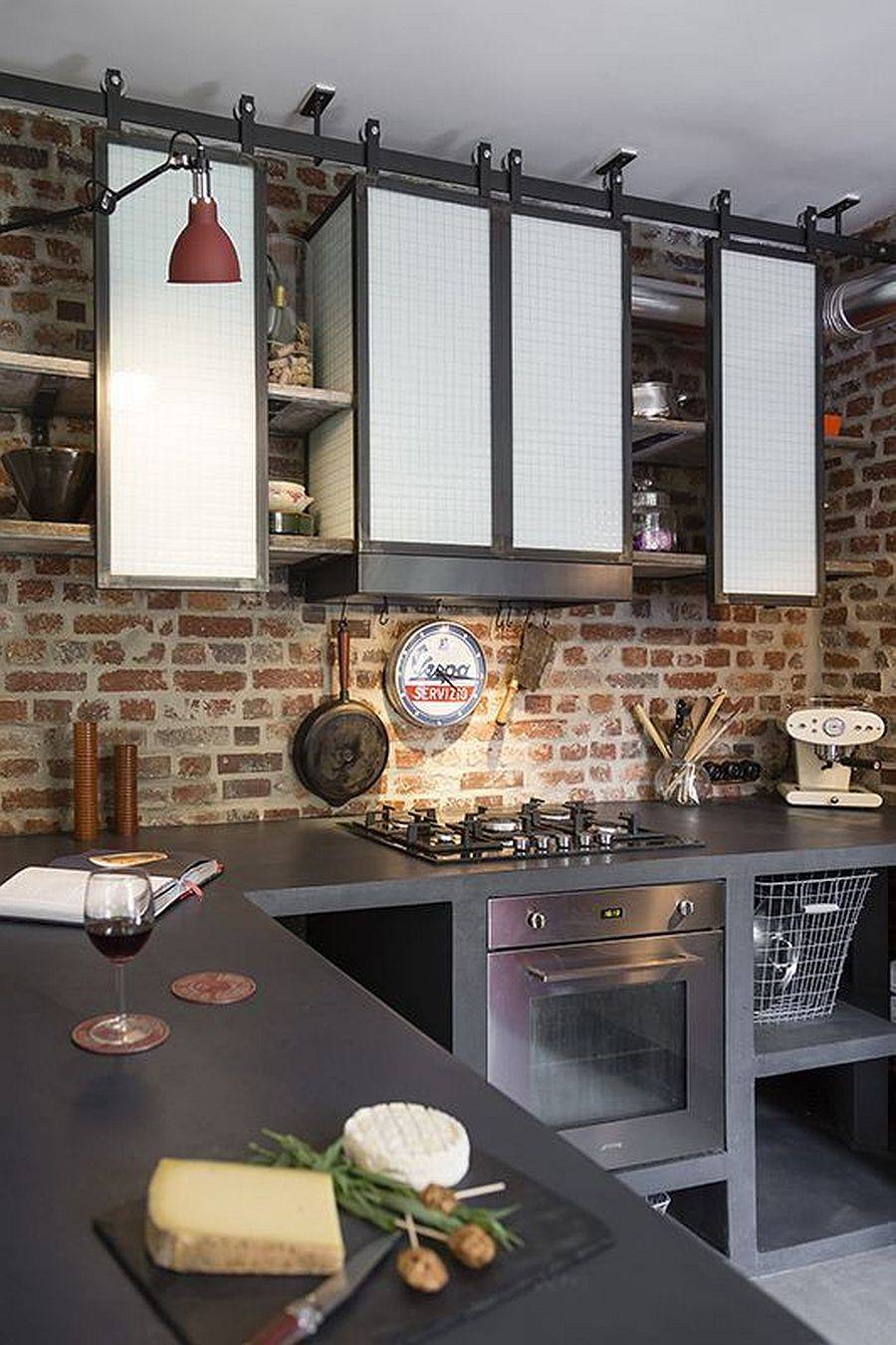 Brick walls give the kitchen a unique and chic backdrop