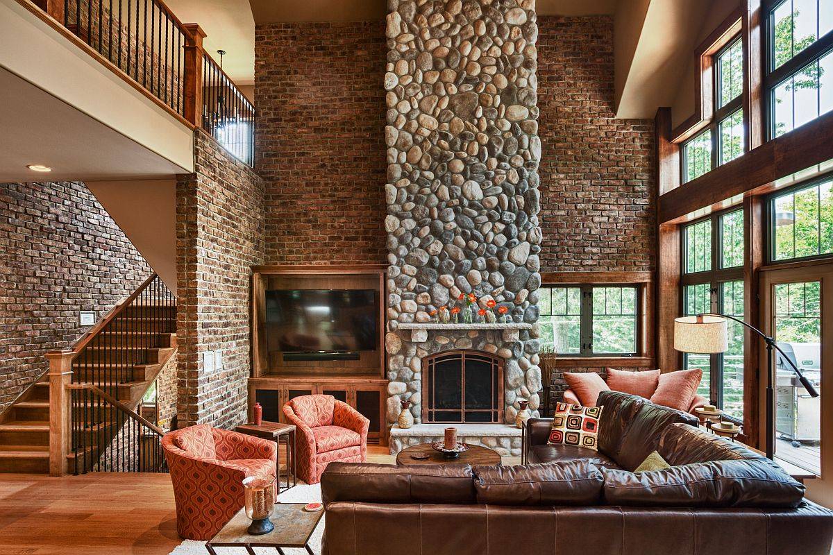 Brilliant blend of stone and brick in the spacious, double-height fireplace