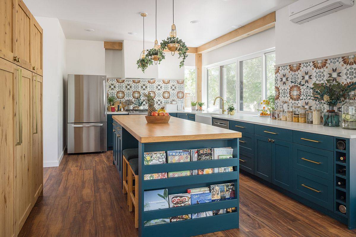 Creative contemporary kitchen island in blue with a wood-top and storage space on it sides