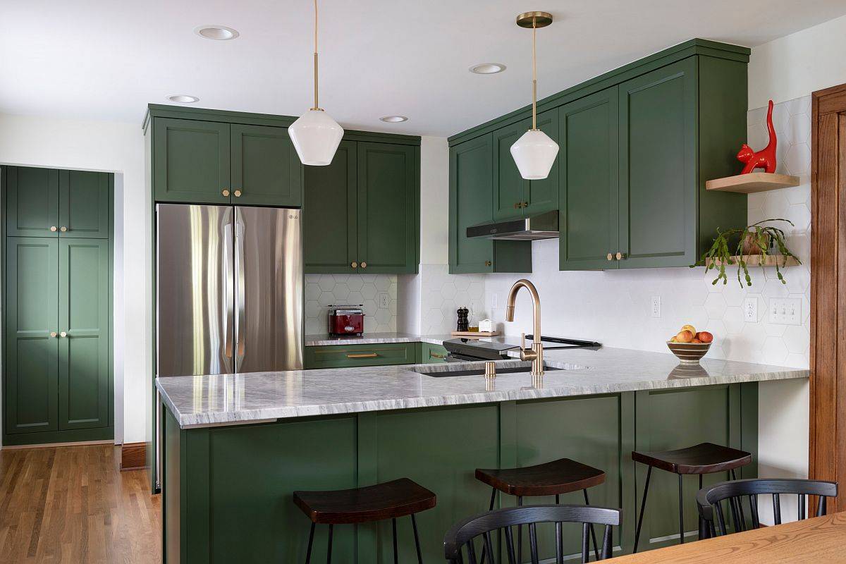Deep green kitchen cabinets are a trendy choice in the small contemporary kitchen