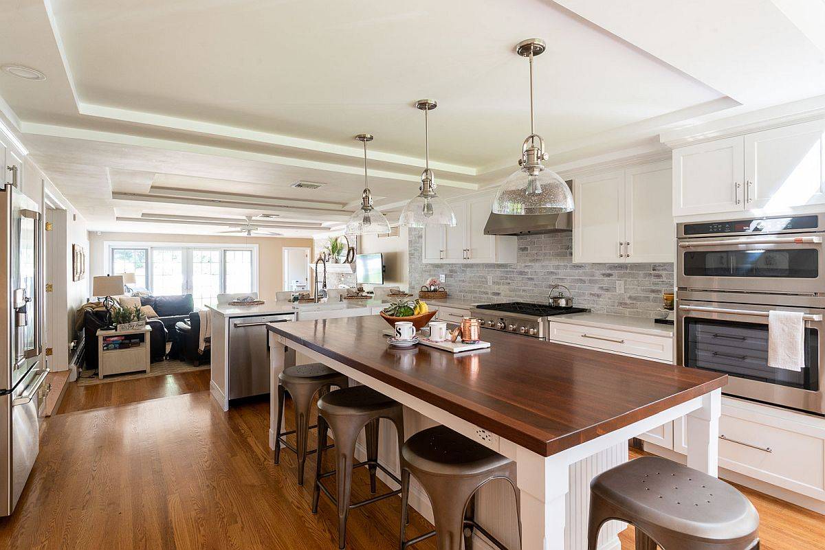 Gorgeous wood-topped kitchen island for the traditional kitchen in white