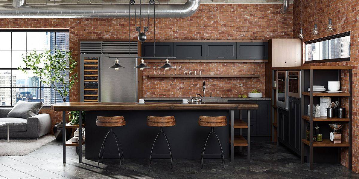 Light-filled and open plan living with kitchen in brick and black