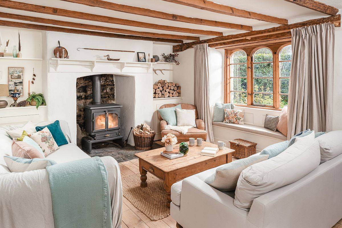 Modern-rustic living room in wood and white