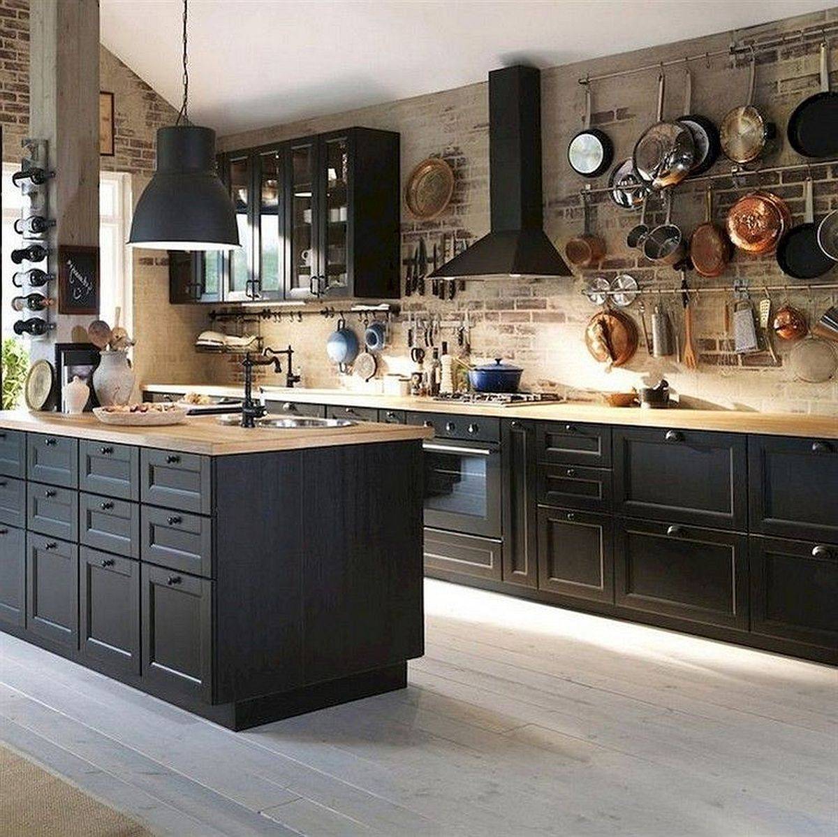 Timeless-kitchen-with-brick-walls-and-black-wood-cabinets-along-with-wooden-countertops-82921