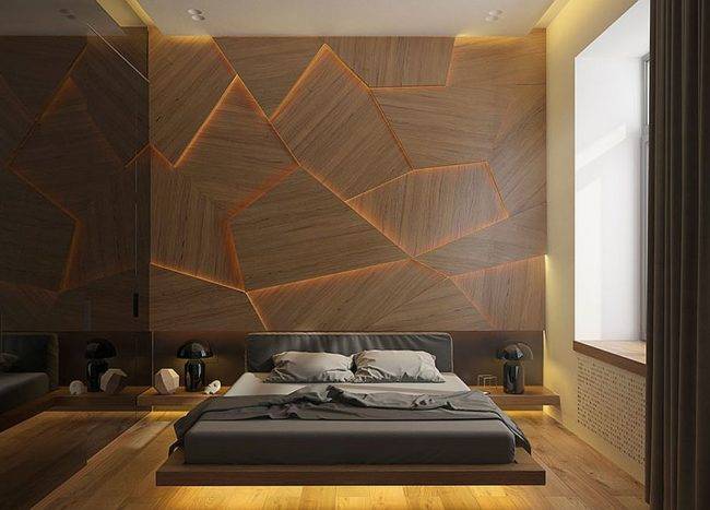 Pattern Craze Geometric Accent Wall Ideas For The Bedroom Decoist   Amazing Wood Accent Wall With Geometric Panels Ald LED Lighting 88289 650x467 