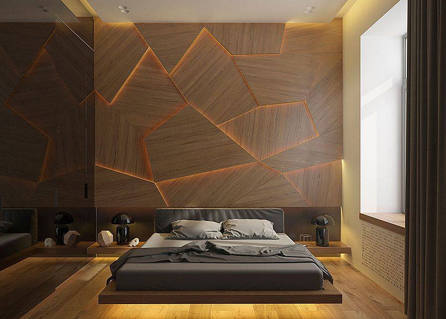Amazing wood accent wall with geometric panels ald LED lighting