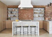 Brick-and-stone-backsplash-in-the-kitchen-coupled-with-sleek-floating-shelves-and-wooden-cabinets-79440-217x155