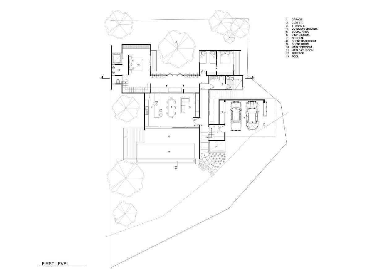 Floor plan of first level of Casa Ethos designed by QBO3 Arquitectos